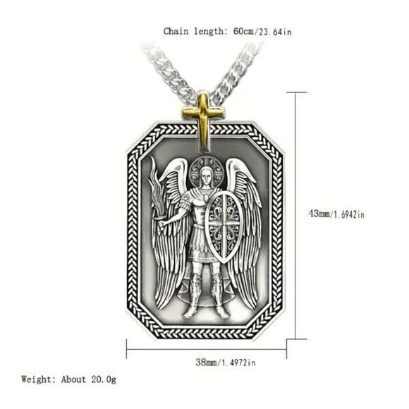 St. Michael Archangel Protector Cross Stainless Steel Pendant Necklace - Picture 5 of 5